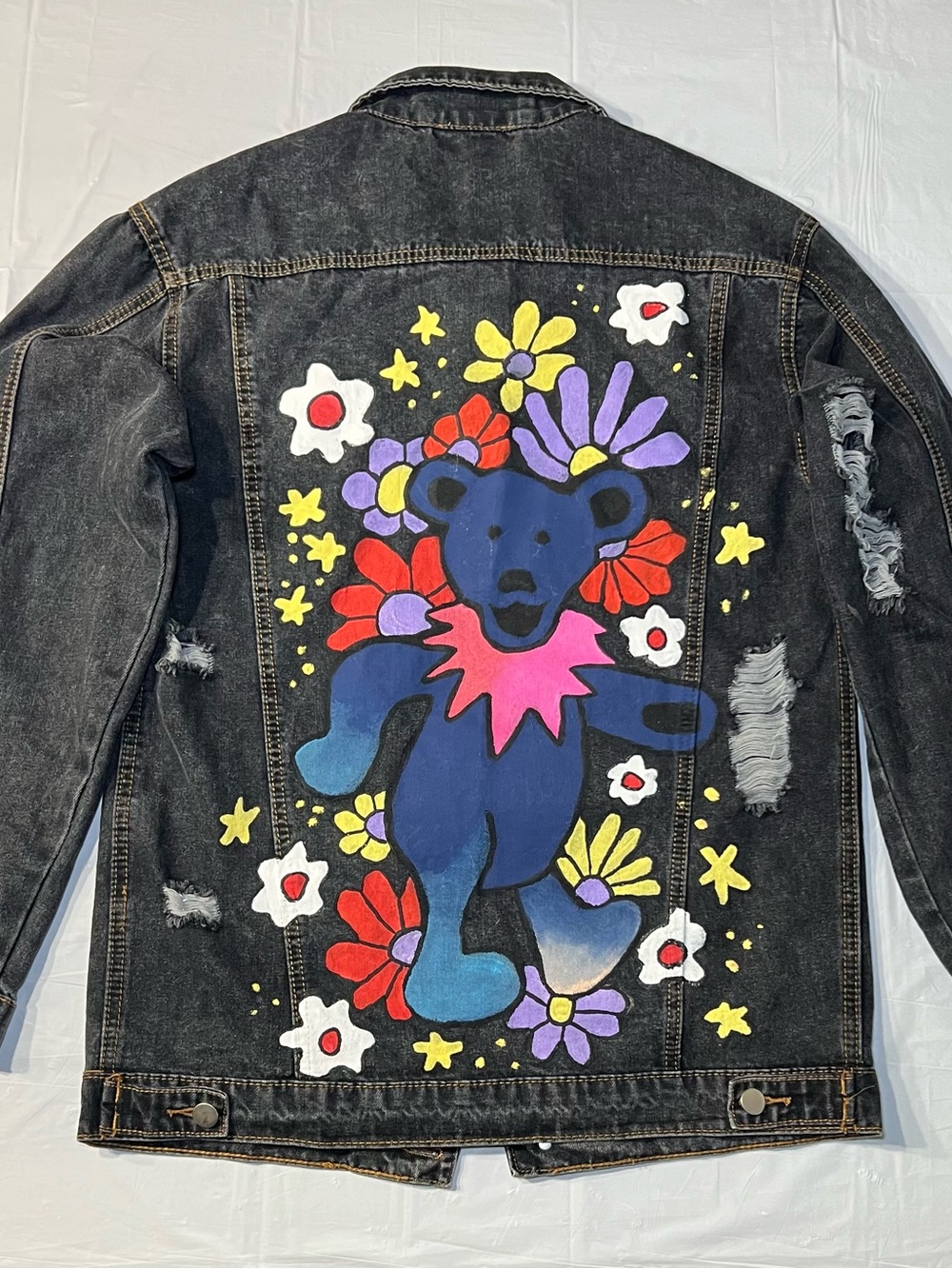 Hand-Painted Women’s Dark Denim Jacket with Grateful Dead Colorful Bear Motif M